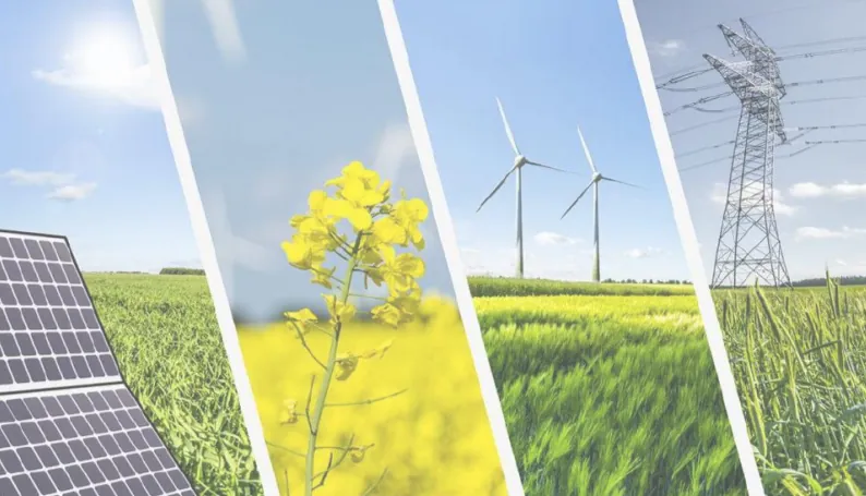Renewable energy sector visual — solar, wind and grid infrastructure