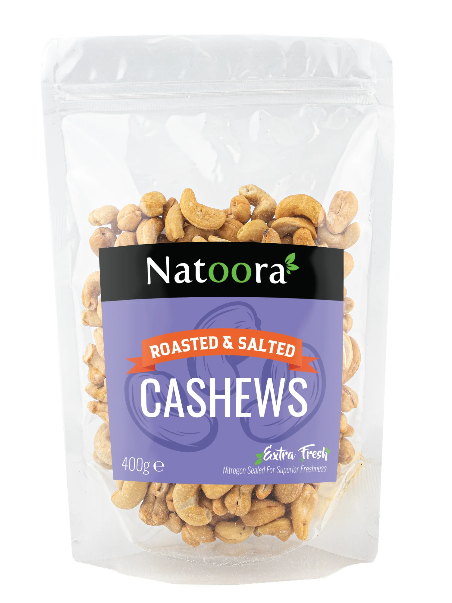 Natoora roasted and salted cashews 400g product packaging