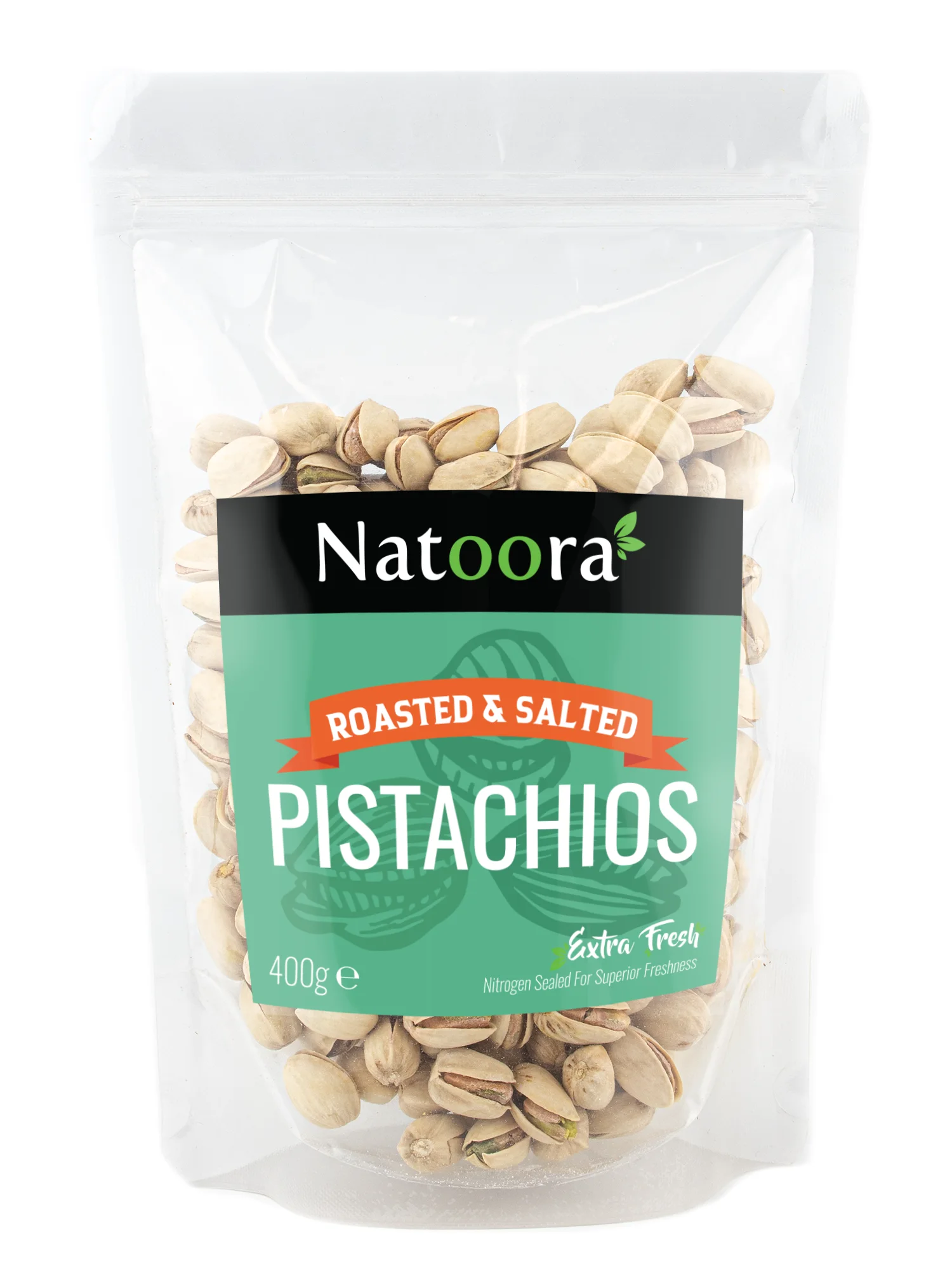 Natoora roasted and salted pistachios 400g product packaging