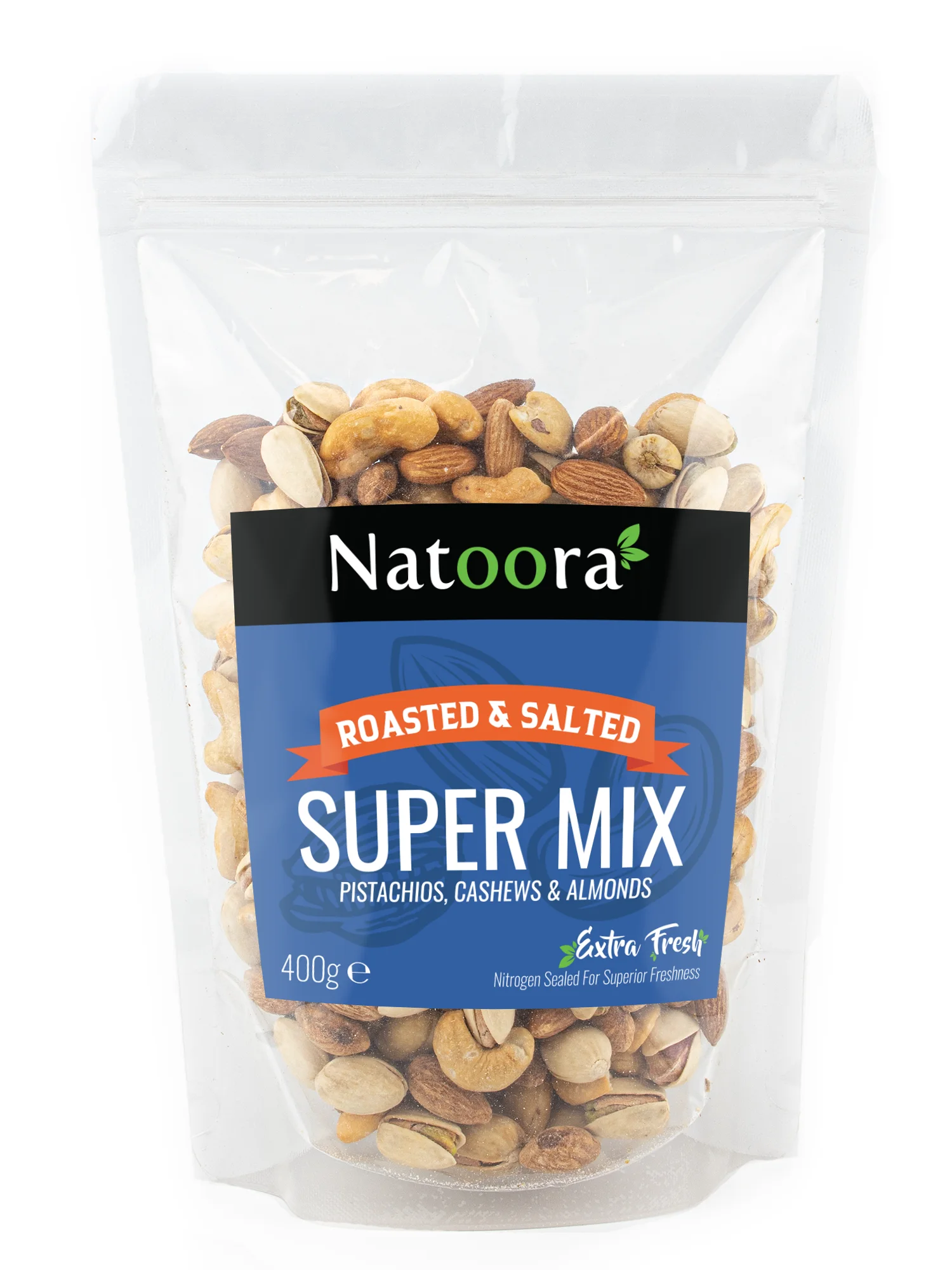 Natoora roasted and salted super mix 400g product packaging