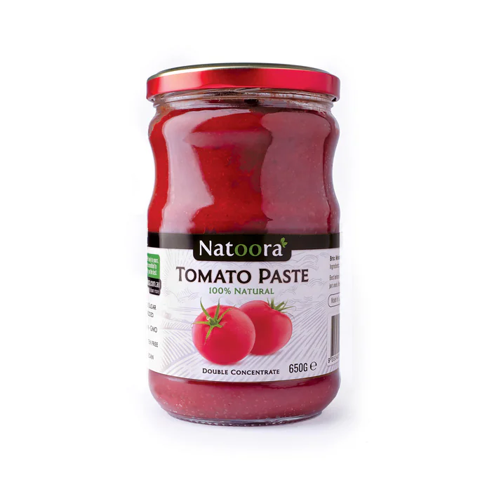 Natoora 100% natural double concentrate tomato paste 650g product packaging