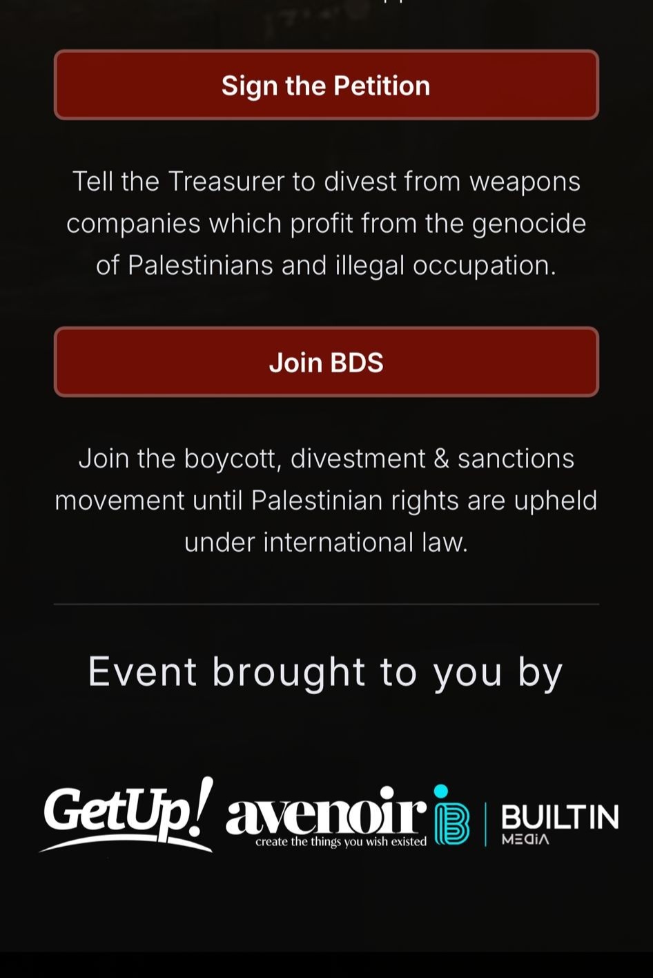 Until The Sky Falls Quiet — in-event calls to action: sign the petition and join BDS