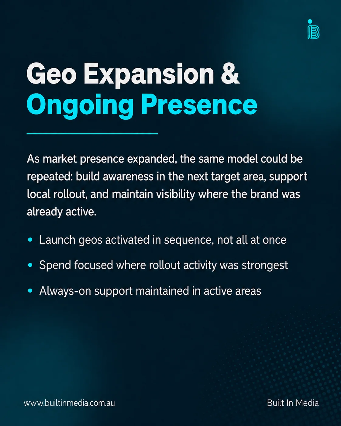 Geo expansion and ongoing presence — a repeatable, area-by-area rollout model as market presence expands
